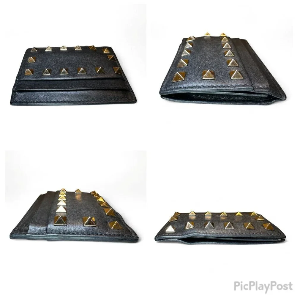 Valentino Garavani Black Rockstud Leather Card Holder Wallet w Extra Studs *USED